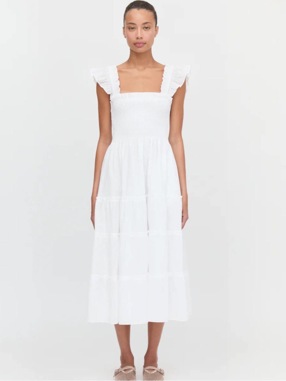 Hill House White Smocked Square-Neck Tiered Midi Dress, Size XS